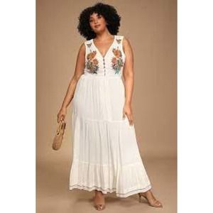 Lulus Tickets To Paradise White Embroidered Maxi Dress Open Back Slit 1X NEW